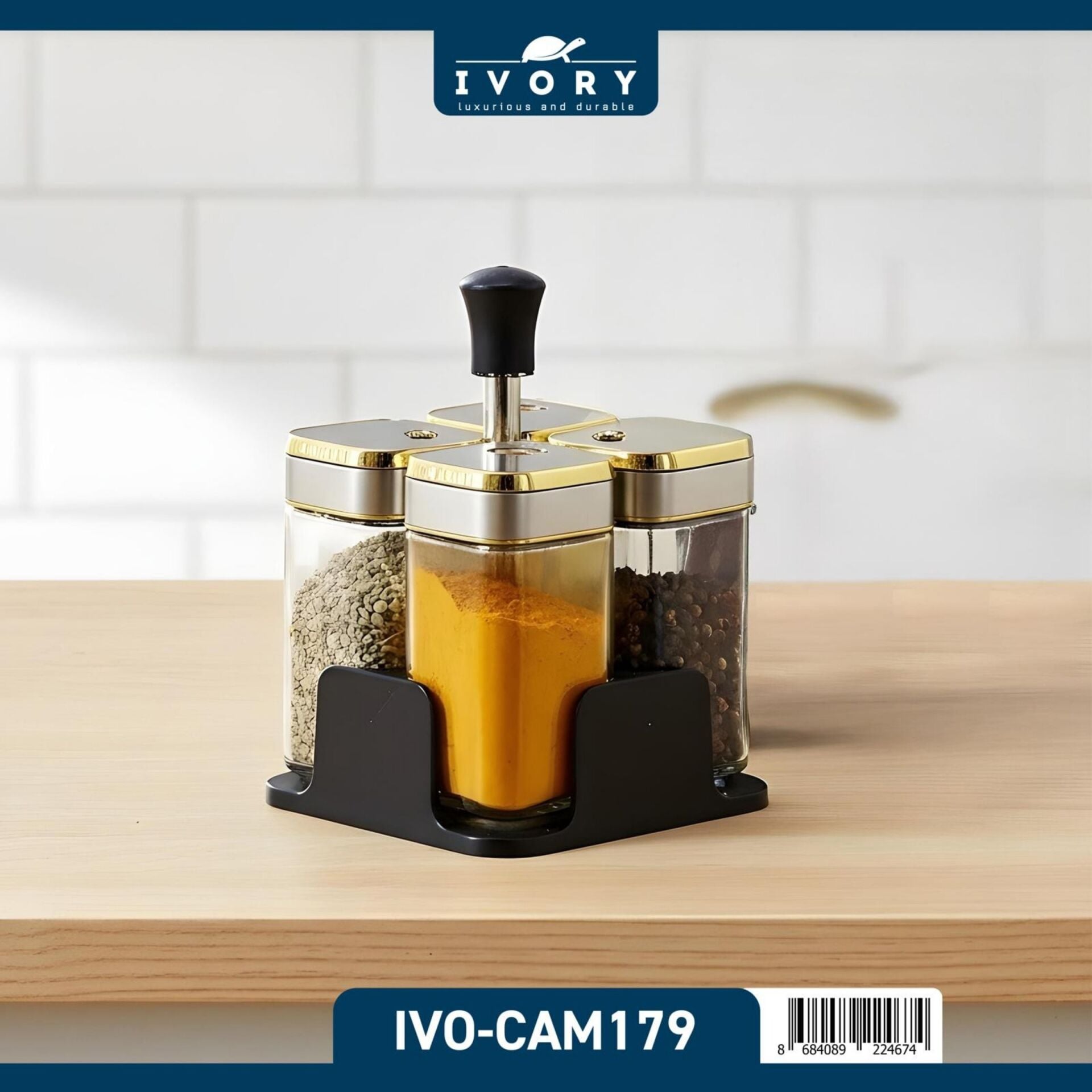 Ivory Cam179 Dörtlü Standlı Baharatlık Gold*30