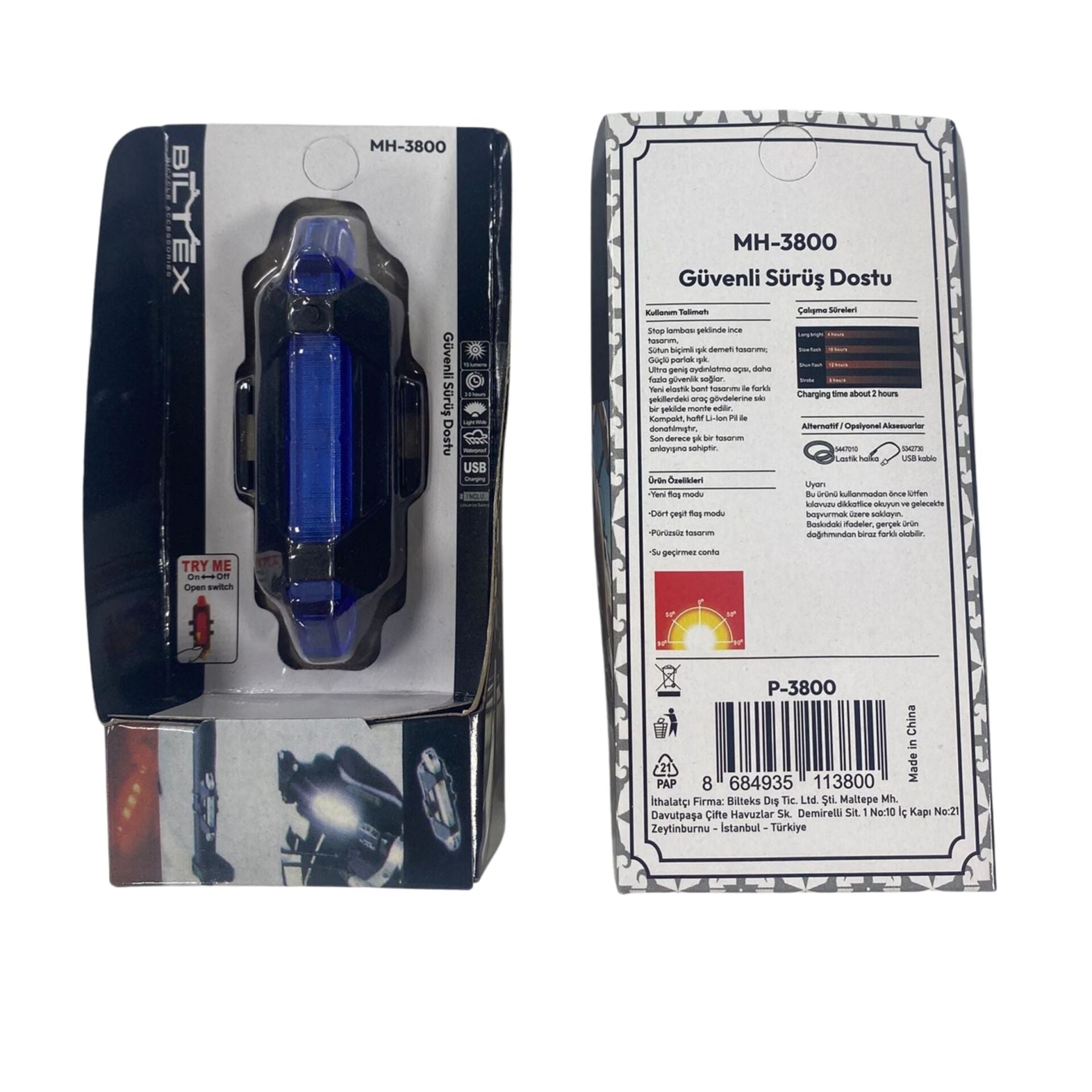 Biltex MH-3800 Bisiklet Ön & Stop Işığı Şarjlı*60